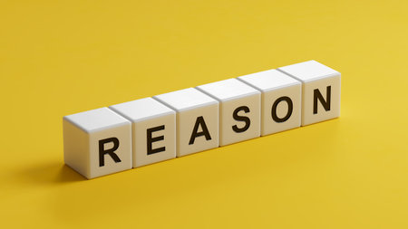 Reason symbol. Concept word Reason on wooden cubes.Business and Reason concept. Copy space.close up of wooden cubes,Business Concept.3D rendering on yellow background.の写真素材