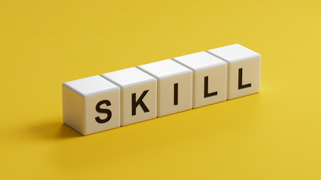 Word skill, Wooden small wooden cubes with letters with copy space available.close up of wooden...