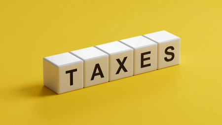 wooden cubes with TAXES business word.close up of wooden cubes,Business Concept.3D rendering on yellow background.の写真素材