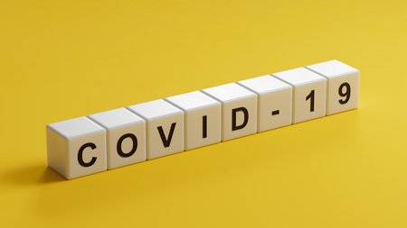 Wooden cubes spelling.Flat lay view from above on yellow background with wooden cubes buttons.IT technology concept.3D rendering on yellow background.の写真素材