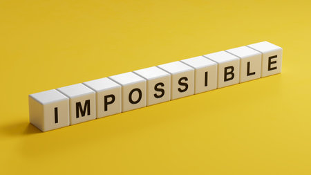 impossible.wooden cubes spelling.Flat lay view from above on yellow background with wooden cubes...