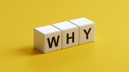 Why Closeup of word with question mark on wooden cubes. Reason why business or relationship concept.3D rendering on yellow background.の写真素材