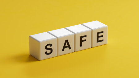 wooden cubes with SAFE word.close up of wooden cubes,Business Concept.3D rendering on yellow background.の写真素材