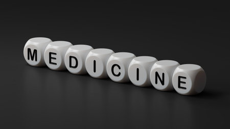 MEDICINE text word on wooden dice.3D rendering on black background.の写真素材