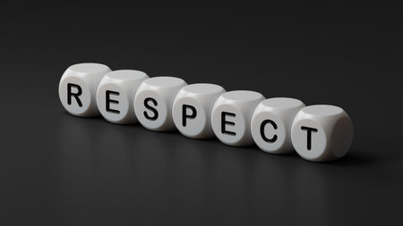 respect concept on wooden dice.close up of wooden dice,3D rendering on black background.の写真素材