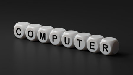 computer.wooden dice spelling.Flat lay view from above on wooden dice buttons.IT technology...