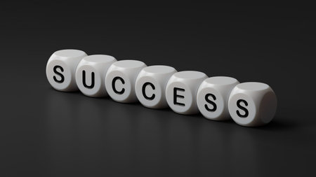 success.wooden dice spelling.Flat lay view from above on black background with wooden dice...
