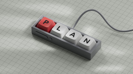 plan. Computer keyboard keys spelling.Flat lay view from above on computer keyboard keys buttons.IT...