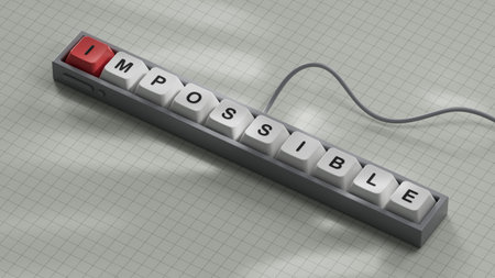 impossible.Computer keyboard keys spelling.Flat lay view from above on white background with...