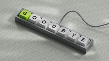 3D illustration of GOODBYE in English, using a bold font. It conveys a respectful and formal farewell. Computer keyboard keys. 3D rendering on white background.の写真素材