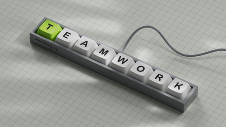 teamwork.Computer keyboard keys spelling.Flat lay view from above on white background with computer...