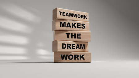 Teamwork makes the dream work symbol. Concept words Teamwork makes the dream work on wooden blocks....