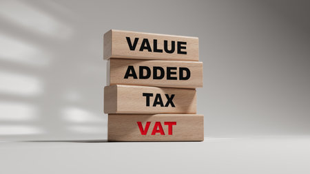 VAT - Value Added Tax symbol. wooden blocks with word VAT. Business and Value Added Tax concept. wooden blocks. Copy space.3D rendering on white background.の写真素材