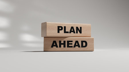 Plan ahead symbol. wooden blocks with words Plan ahead. Business and Plan ahead concept. wooden blocks. Copy space.3D rendering on white background.の写真素材