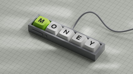 money.Computer keyboard keys spelling.Flat lay view from above on white background with computer...