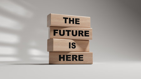 The future is here symbol. Concept words The future is here on wooden blocks.Business and The future is here concept. Copy space.3D rendering on white background.の写真素材