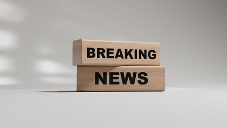 Breaking News symbol. wooden blocks with words 'Breaking News'. wooden blocks. Copy space.3D rendering on white background.の写真素材