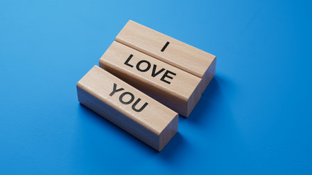 i love you.wooden blocks spelling.Flat lay view from above on blue background with wooden blocks buttons.IT technology concept.3D rendering on blue background.の写真素材