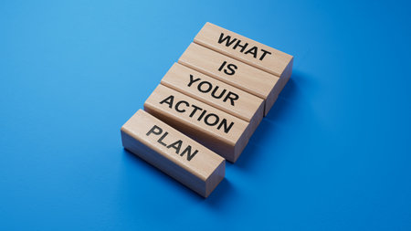 What is your action plan symbol. wooden blocks with words What is your action plan.Business and What...