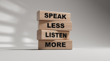 Speak less Listen more symbol. wooden blocks with words Speak less Listen more.Business and Speak less Listen more concept. Copy space.3D rendering on white background.の写真素材