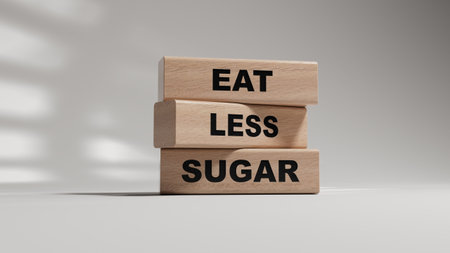 eat less sugar words on notebook and stethoscope on wooden blocks. Copy space. 3D rendering on white...