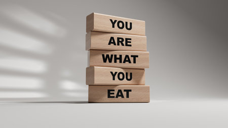 You are what you Eat symbol. Concept words You are what you Eat on wooden blocks. Healthy eating concept. wooden blocks. Copy space.3D rendering on white background.の写真素材