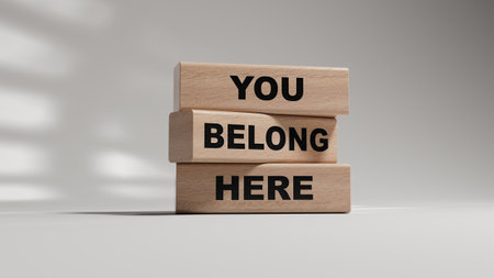 You belong here symbol. wooden blocks with words You belong here.Business and You belong here concept. wooden blocks. Copy space.3D rendering on white background.の写真素材