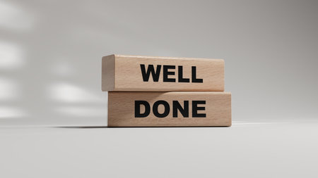 Well done symbol. wooden blocks with words Well done. Business and Well done concept. wooden blocks. Copy space.3D rendering on white background.の写真素材