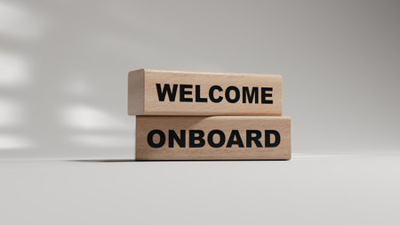 Welcome onboard symbol. Concept words Welcome onboard on wooden blocks.Business and Welcome onboard concept. Copy space.3D rendering on green background.の写真素材