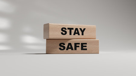 STAY SAFE - text on wooden blocks.3D rendering on white background.の写真素材