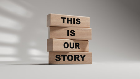 This is our Story symbol. wooden blocks with words This is our Story.Business and This is our Story concept. Copy space.3D rendering on white background.の写真素材