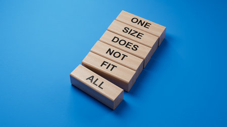 One size does not fit all symbol. Concept words One size does not fit all on wooden blocks.One size does not fit all business concept. Copy space.3D rendering on blue background.の写真素材