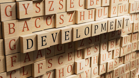 development.3D illustration of wooden blocks.close up of wooden blocks,3D rendering on wooden background.の写真素材