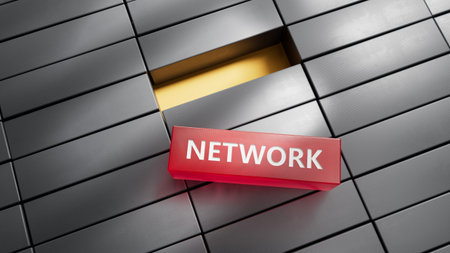 Network - word concept. Minimalist Abstract Design With close up of metal blocks,3D rendering on red...