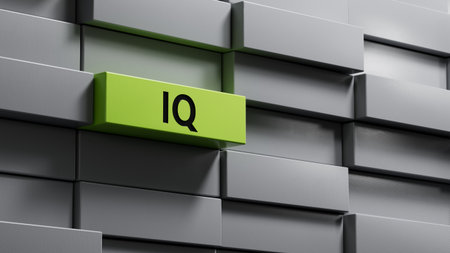 IQ concept. Acronym of questions and answers or job of tester or quality engineer. Close up of metal blocks. Business concept. 3D rendering on green background.の写真素材