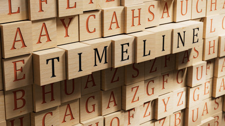 wooden blocks with text TIMELINE. financial market. financing.close up of wooden blocks,Business Concept.3D rendering on wooden background.の写真素材