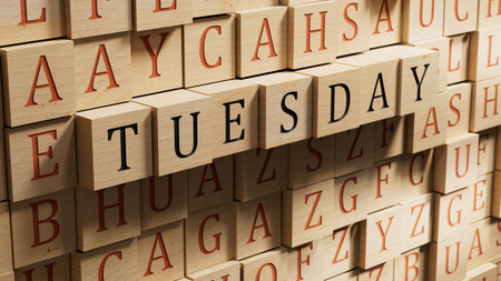 Tuesday.wooden blocks spelling.Flat lay view with wooden blocks buttons.IT technology concept.3D rendering on wooden background.の写真素材