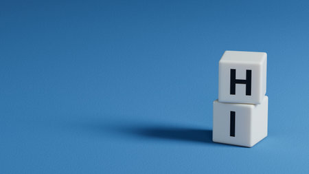 Hi- word concept. Minimalist Abstract Design. close up of wooden elements,Business Concept. 3D rendering on blue background.の写真素材