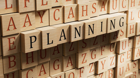 Planning.wooden blocks spelling.Flat lay view from above on wooden background with wooden blocks buttons.IT technology concept.3D rendering on wooden background.の写真素材