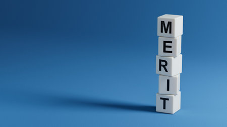 Merit symbol. Concept word Merit on wooden elements.Business and Merit concept. Copy space.close up of wooden elements,Business Concept.3D rendering on blue background.の写真素材