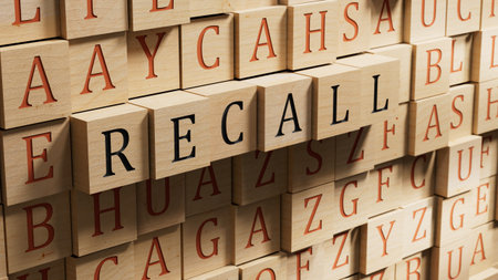 Recall written on wooden blocks on wooden background.close up of wooden blocks,Business Concept.3D rendering on wooden background.の写真素材