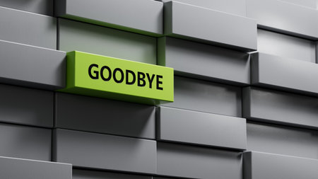 3D illustration of GOODBYE in English, using a bold font. It conveys a respectful and formal farewell.metal blocks.3D rendering on green background.の写真素材