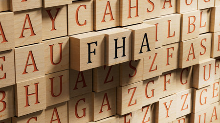 the word FHA is written on wooden blocks. FHA is short for Finance Houses Association.close up of wooden blocks,Business Concept.3D rendering on wooden background.の写真素材