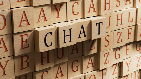 Chat.wooden blocks spelling.Flat lay view from above on wooden blocks buttons.IT technology concept.3D rendering on wooden background.の写真素材