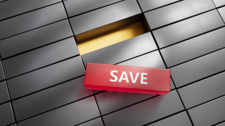 Symbol for saving or spending money. Dice form the word save while the word spend is visible in the reflection. 3D rendering on red background.の写真素材