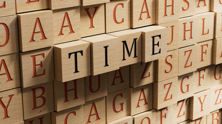 Time.wooden blocks spelling.Flat lay view from above on wooden blocks buttons.IT technology concept.3D rendering on wooden background.の写真素材