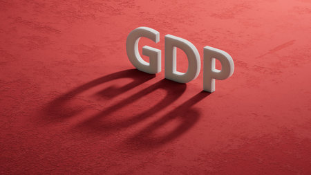 GDP. shadow of 3d charcaters form word GDP. Concept of Gross Domestic Product GDP.3D rendering on red background.の写真素材
