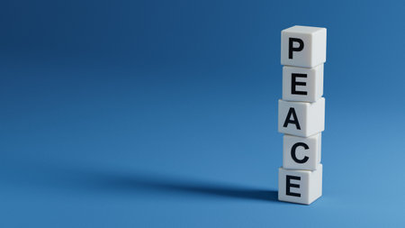 Peace. wooden elements form the word Peace. An extensive concept of the word Peace used in various areas of business and life. 3D rendering on blue background.の写真素材