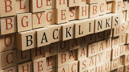 Backlinks - conceptual text with wooden blocks.3D rendering on wooden background.
