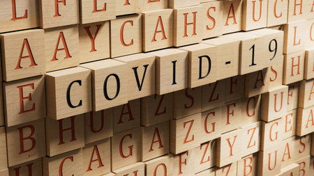 Wooden blocks spelling.Flat lay view from above on wooden background with wooden blocks buttons.IT...